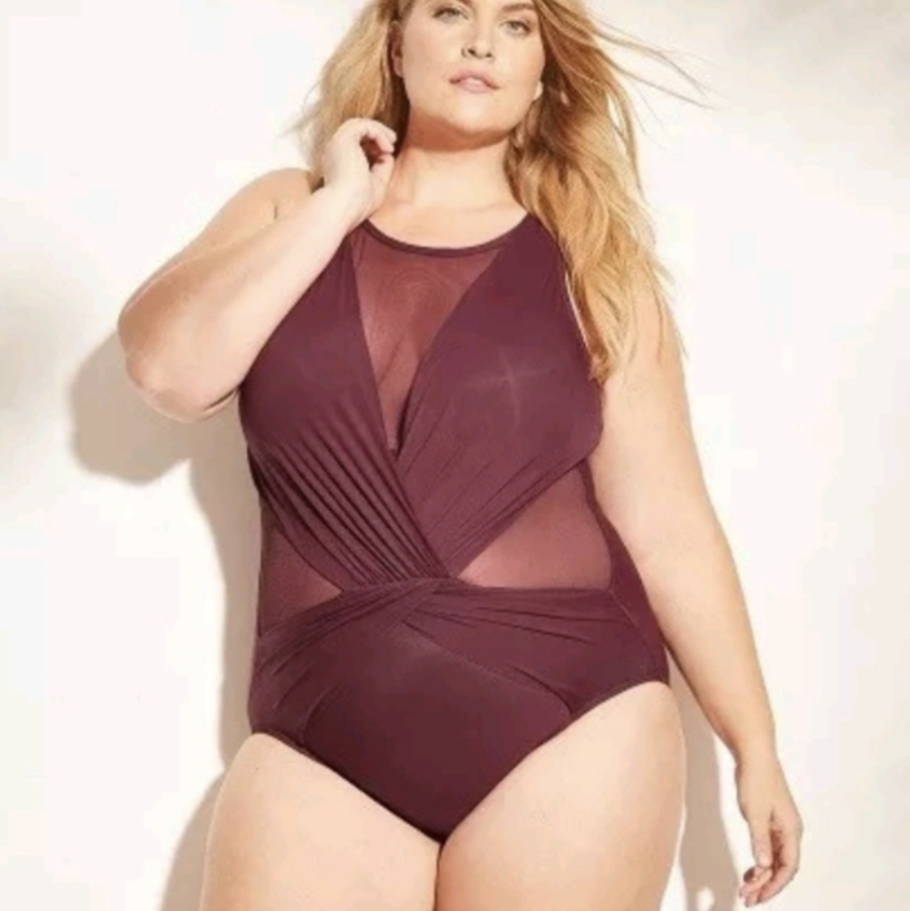 Swimsuit PLUS 22W 22 3X Plum Purple Mesh Sexy Cut Outs 1pc Swim Bathing Suit NEW